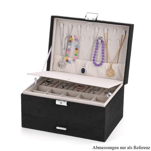 4-lagige Schmuckbox aus Samt mit 10 Silberputztüchern, Aufbewahrung mit Haken, Ringreihen, Ohrringhalter und Schubladenfächern, 24x17x14.2 cm, Schwarz