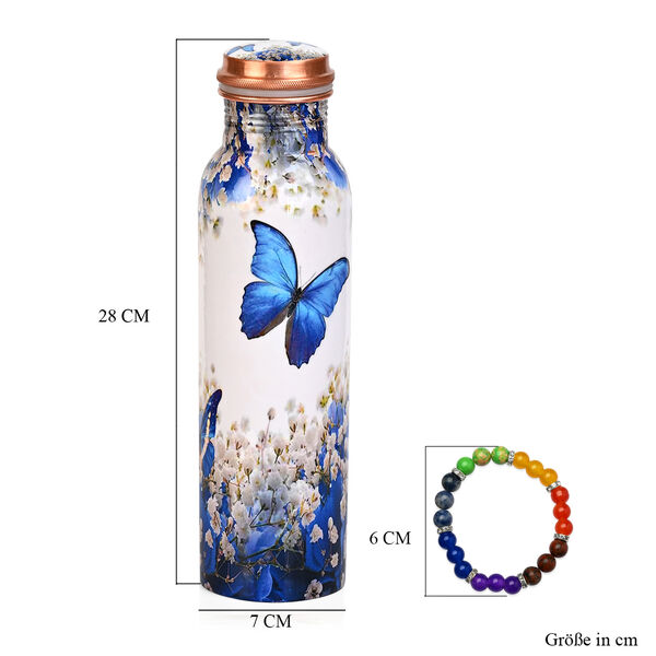 2er-Set - LIVMORE Kupfer-Trinkflasche mit 7-Chakra-Gravur (ca. 900 ml) und Armband mit Chakra-Perlen aus Edelsteinen - Wei&szlig; und Schmetterling image number 9