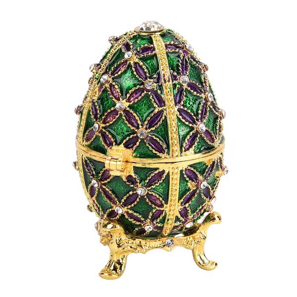 Handgemachte Ei-förmige Schmuckdose mit Blumenverzierung, aus Metall und Kristall, magnetischer Verschluss, 4x7 cm, Grün image number 4