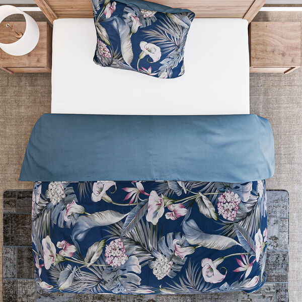 2er-Set Bett- und Kissenbezug, Gr&ouml;&szlig;e 135x200 cm und 80x80 cm, Blatt- und Blumenmuster, Blau image number 4