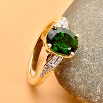 Nat&uuml;rlicher Chromdiopsid und wei&szlig;er Zirkon-Ring, 925 Silber Zweifarbige Beschichtung  ca. 2,95 ct