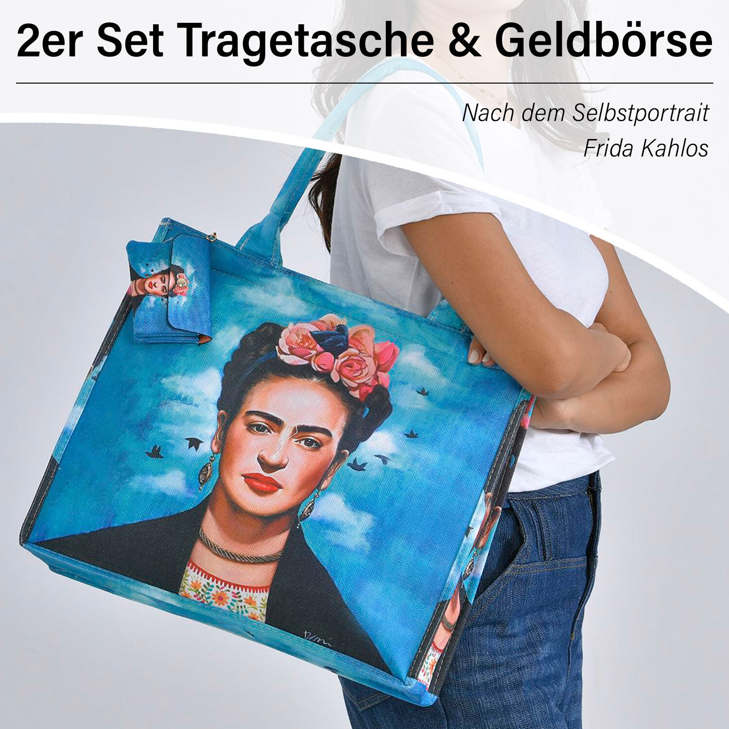Bedrucktes Tote Bag und Geldborsen Set 2 teiliges Set mit Frida Kahlo Motiv robustem Polyester 40 x 35 x 2 5 cm Meeresblau