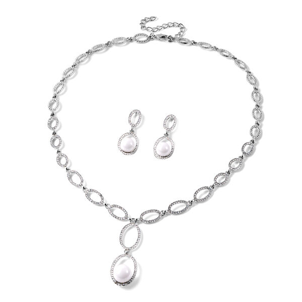 2er Set - Wei&szlig;er Kristall, Wei&szlig;e Muschelkernperle Ohrringe und Halskette ca. 50 cm + 7.5 cm Extender