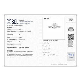 LUXURIANT SGL zertifizierter VS-EF Labor Ovalschliff Diamant Ring in 950 Platin - 2 ct.