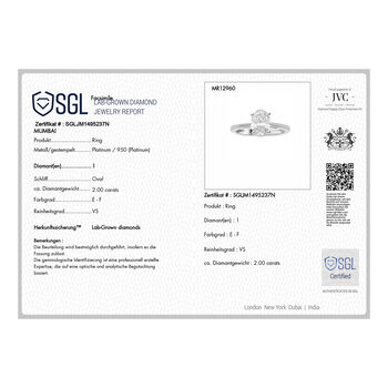 LUXURIANT SGL zertifizierter VS-EF Labor Ovalschliff Diamant Ring in 950 Platin - 2 ct.