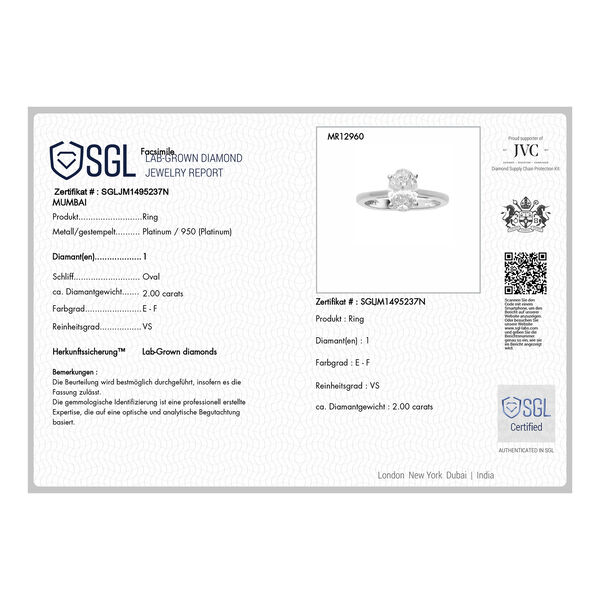 LUXURIANT SGL zertifizierter VS-EF Labor Ovalschliff Diamant Ring in 950 Platin - 2 ct. image number 4