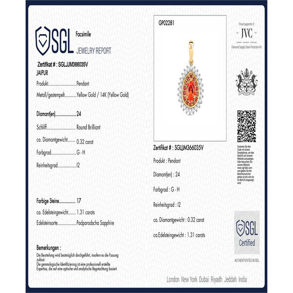 AAA Padparadscha Saphir und Diamant Anh&auml;nger in 585 Gold - 1,63 ct. image number 9