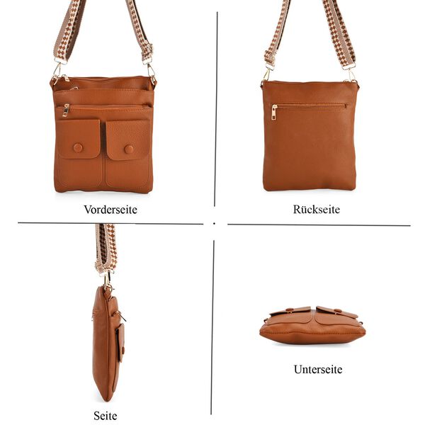 Umh&auml;ngetasche aus feinem Lederimitat mit mehreren Taschen, 120cm Trageriemen, 24x27cm, Braun image number 5