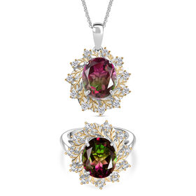 D'Joy Wassermelonen Triplett Quarz und Zirkon zweifarbiger Ring und Anhänger mit 45cm Kette