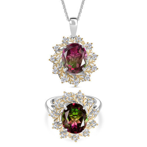 D'Joy Wassermelonen Triplett Quarz und Zirkon zweifarbiger Ring und Anhänger mit 45cm Kette image number 0