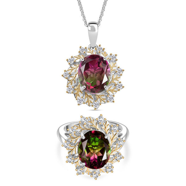 D'Joy Wassermelonen Triplett Quarz und Zirkon zweifarbiger Ring und Anhänger mit 45cm Kette image number 0