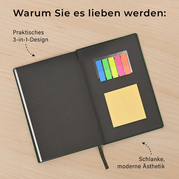 Notizbuch-Set, Grün, 2 Größen, PU-Einband, Metallstift, Geschenkbox Schwarz image number 3