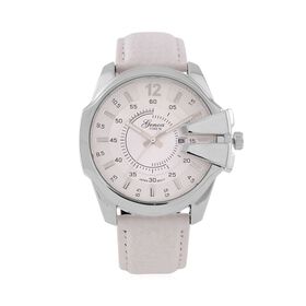 GENOA TIME V2 - Japanisches Datumswerk mit Blauem Lederarmband, Silber-Akzenten und Einzigartigem Zifferblatt-Design, Wasserdicht, 25 cm, ca. 79,00g, weiß