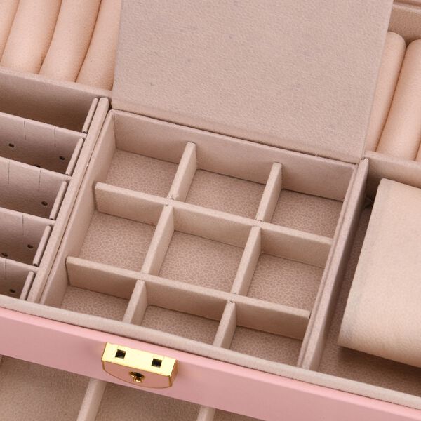 3-lagige Schmuckbox aus PU mit Diamantmuster und 5 Silberputztüchern, Rosa image number 6