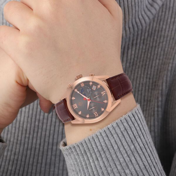 WILLIAM HUNT -  Eleganz Multifunktionsuhr mit Dunkelgrauem Sonnenstrahl-Zifferblatt, Wei&szlig;em Moissanit und Brauner Lederband 0.05 ct image number 3