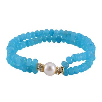 Wei&szlig;e Muschelkernperle, Blauer Achat Armband ca. BR-Stretch cm Legierung Standard gelb vergoldet