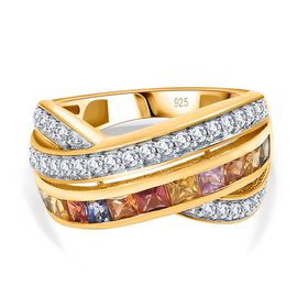 Mehrfarbiger Saphir, Weißer Zirkon Ring, 925 Silber Gelbgold Vermeil (Größe 18.00) ca. 2.12 ct