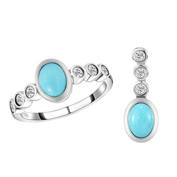 2er-Set- Nat&uuml;rlicher Sleeping Beauty T&uuml;rkis und Zirkon-Ring und Anh&auml;nger- 1,86 ct.