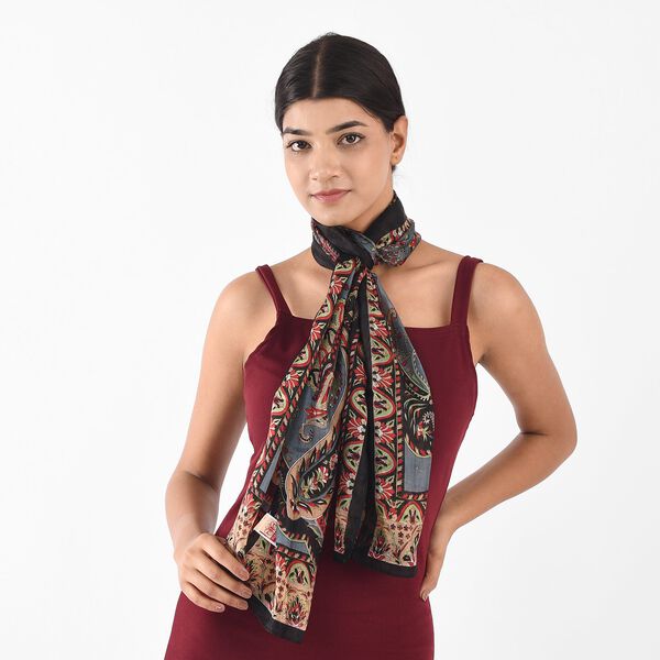 Bedruckter 100% Satin-Seidenschal mit Paisleymuster, Schwarz