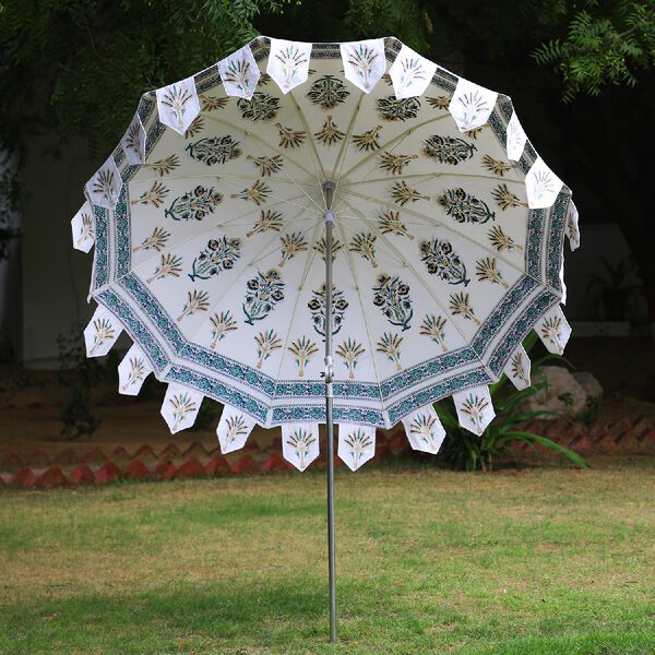 Sonnenschirm aus 100% Baumwolle mit Blockdruck, Weiß-Türkis  image number 3