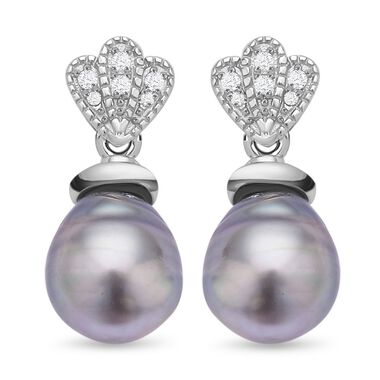 Tahiti Perle ( 9-10 mm) und weiße Zirkon-Ohrringe, 925 Silber rhodiniert ca. 0.13 ct