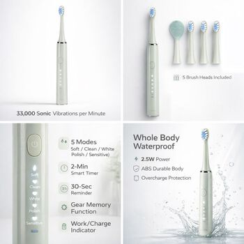 Sonic elektrische Zahnb&uuml;rste mit 3 Zahnb&uuml;rstenk&ouml;pfen und 1 Silikon-Zungenb&uuml;rstenkopf, 24,5x2,5cm, gr&uuml;n