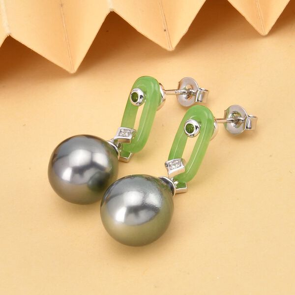 Tahiti Perle, Grüne Jade Ohrringe, 925 Silber rhodiniert image number 2