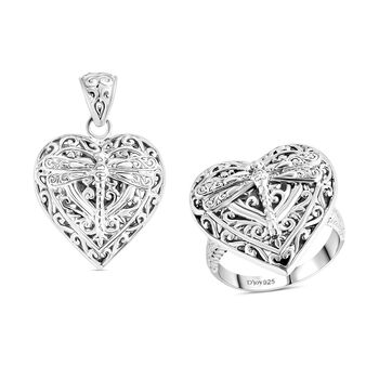 Royal Bali Kollektion - Herz Ring und Anh&auml;nger mit Libellenmotiv