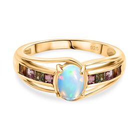 AA Natürlicher, äthiopischer Welo Opal, Mehrfarbiger-Turmalin Ring, 925 Silber vergoldet (Größe 18.00) ca. 0.95 ct