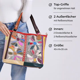 Chaos by Elsie Echtleder Crossbody Tasche mit RFID, Beige mit Blumen, 2 Au&szlig;entaschen, 1 Innen-Rei&szlig;verschlusstasche, Mini-Flashlight