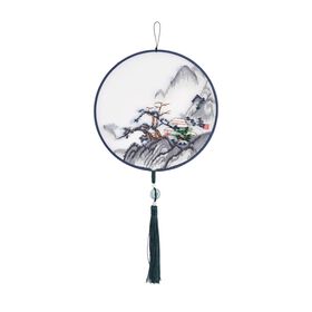 "Brand:LIVMORE Double-sided embroidery Silk wall decoration with  Jade tassel- Round shape                                                                                                            Size Dia: 20cm Pattern:dark blue Mountain Dwelling Packag