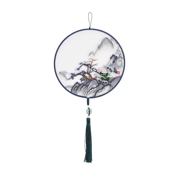 "Brand:LIVMORE Double-sided embroidery Silk wall decoration with  Jade tassel- Round shape                                                                                                            Size Dia: 20cm Pattern:dark blue Mountain Dwelling Packag image number 0