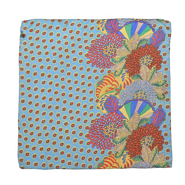 LA MAREY 2er-Set 110x110cm Schal aus 100% Maulbeerseide mit Blumenmuster und Brosch, Blau image number 6