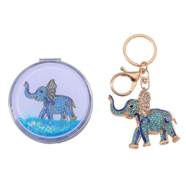 2er Set - Mehrfarbiger Kristall, Elefant-Set: Schl&uuml;sselanh&auml;nger und Spiegel, emailliert, goldfarben