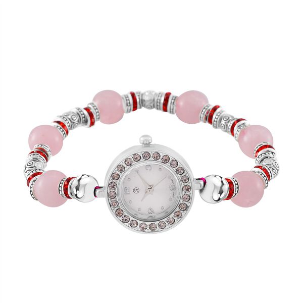 STRADA - Rosenquarz, weißer Kristall flexible Armband-Uhr, japanisches Uhrwerk, ca. 18-19cm, Schwarz oxidiert image number 0