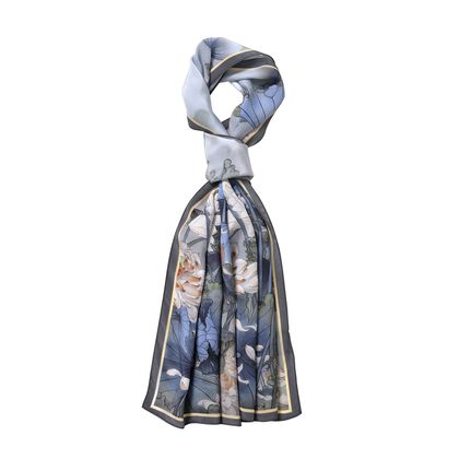LA MAREY - Premium Selection - 100% Maulbeerenseiden-Halstuch mit Garten Druck, 35 x 150 cm, Blau
