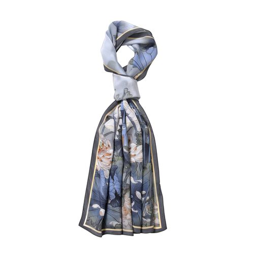 LA MAREY: Premium Selection - 100% Maulbeerenseiden-Halstuch mit Garten Druck, 35x150 cm, Blau image number 0