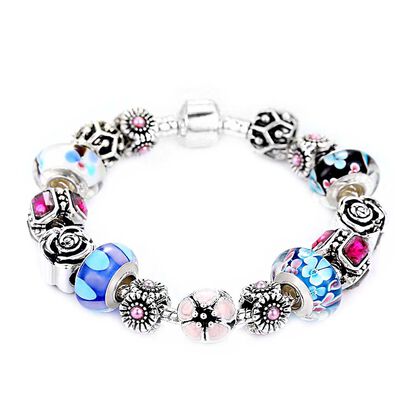 Designer-inspiriertes Charm-Armband -Mehrfarbige Glas mit Rosa Kristall, Messing rhodiniert, 19 cm