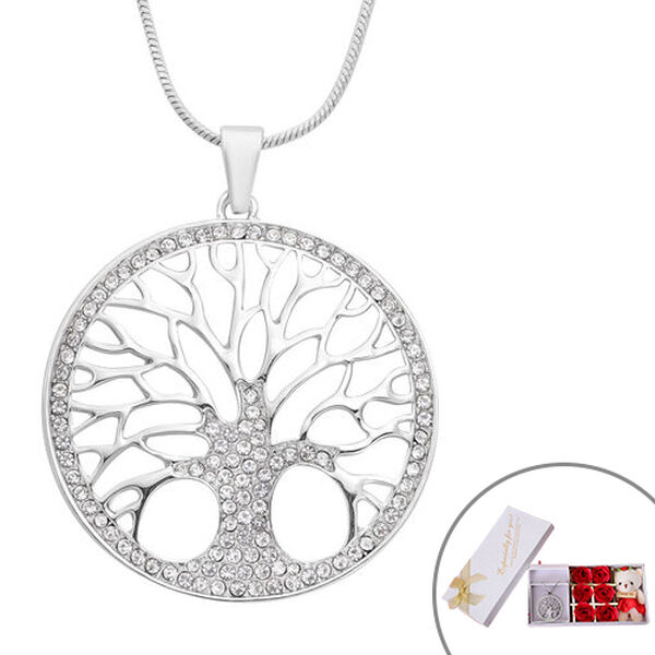 Wei&szlig;er Kristall Lebensbaum Anh&auml;nger mit Kette ca. 50 cm in Silber tone