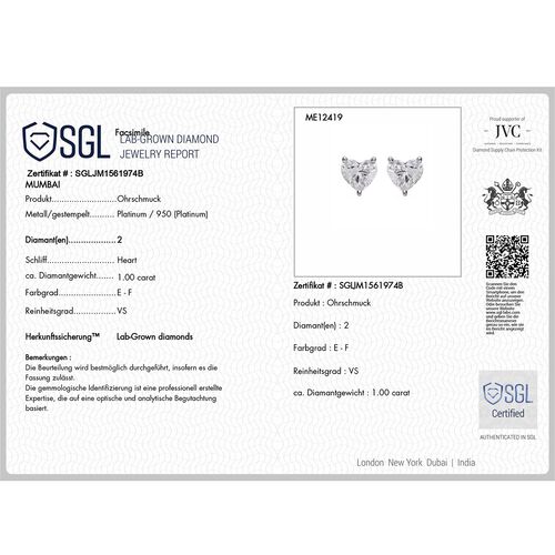 LUXURIANT DIAMOND- SGL zertifizierte VS-EF Labor Herz Diamant Ohrringe in 950 Platin - 1 ct. image number 4