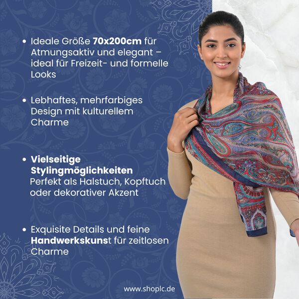 Bedruckter Schal aus 100% Seide, Mehrfarbiges Muster und dunkelblaue Bordüre, 70x200 cm image number 2