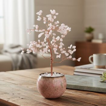 LIVMORE Edelsteinbaum mit 168 Rosenquarz Perlen Keramikschale ca. 18 cm Rosa