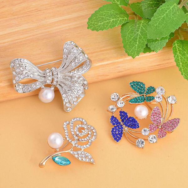 3er Set, Wei&szlig;e S&uuml;&szlig;wasserzucht Perlen Broschen, Schmetterling image number 2