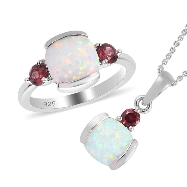 Nat&uuml;rlicher australischer Opal und roter Granat Ring und Anh&auml;nger mit Kette ca. 48 cm. 925 Silber Platin-&Uuml;berzug 1,97 ct