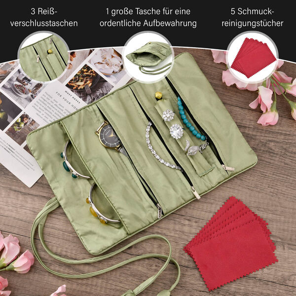 Schmuckorganizer aus Satin mit Stickerei und 5 Premium-Poliertüchern, 20x9cm, Olive image number 2
