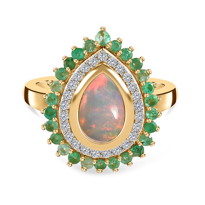 Natürlicher, äthiopischer Opal, Smaragd und Zirkon-Ring - 1,53 ct.