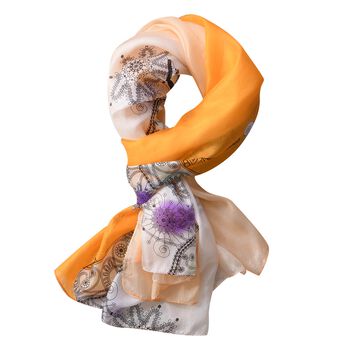LA MAREY - 100% bedruckter Seidenschal, Blumenmuster, Gr&ouml;&szlig;e 110x178 cm, Orange und Grau