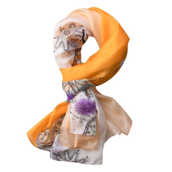 LA MAREY - 100% bedruckter Seidenschal, Blumenmuster, Gr&ouml;&szlig;e 110x178 cm, Orange und Grau