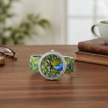 STRADA - Armbanduhr mit Pfaumotiv, Kristall-L&uuml;nette, Japanisches Uhrwerk, Edelstahlzugband, Reiner Edelstahl