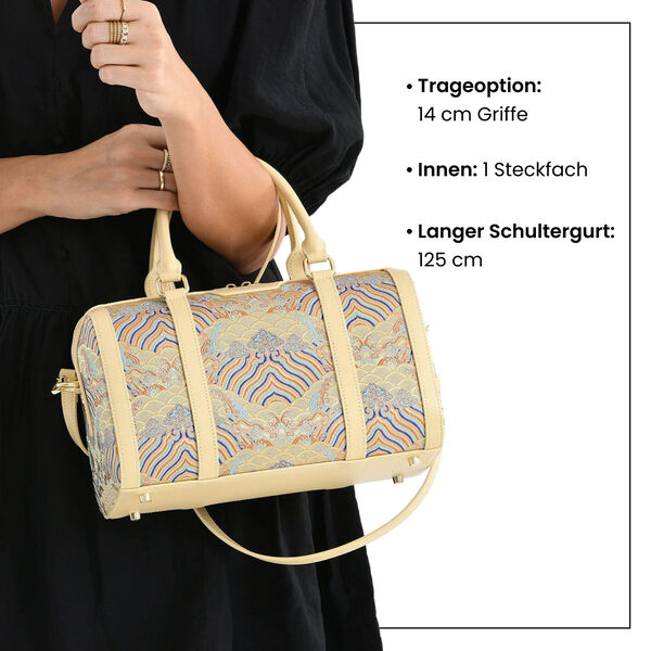 LA MAREY Brokat Crossbody Tasche aus Seide und Echtleder, 30x18x15cm, Beige image number 3